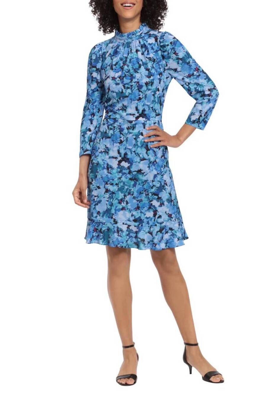 NEW MAGGY LONDON floral print flounced hem short day dress in sky teal
